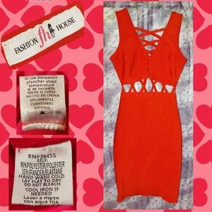 Fashion House brand Red V-Neck w/Cutouts Bodycon Soft Knit Dress Sz Small